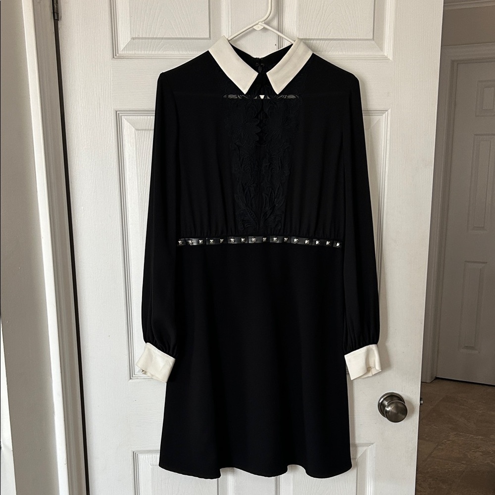 The Kooples Black Long-Sleeve Dress with White Collar & Cuffs